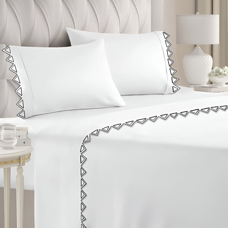 Ashley 400TC Cotton Traingle Embroidery Cotton 4 Piece Sheet Set Fitted Sheet Fits Upto 16" Deep Pocket, Black