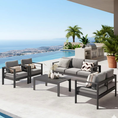 5-Piece Modern Aluminum Patio Conversation Set,  7-Seat Outdoor Sofa With  Thick Dark Gray Cushions & Gray Frame And Coffee Table