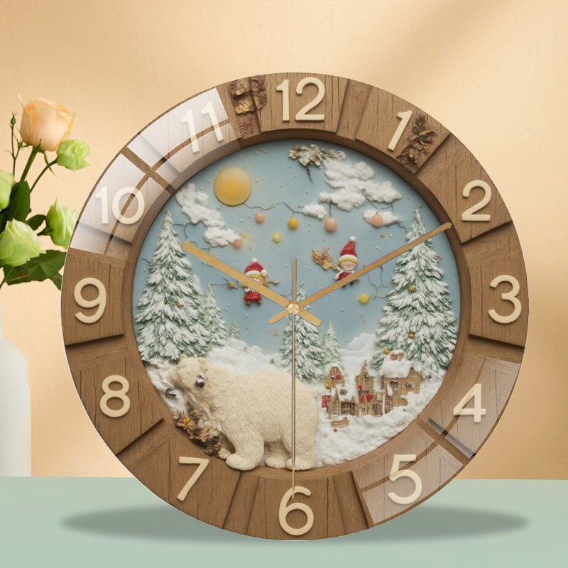 Horloge-Hiver-Scène-Ours polaire-Elfes - Horloge murale moderne en verre 12 po