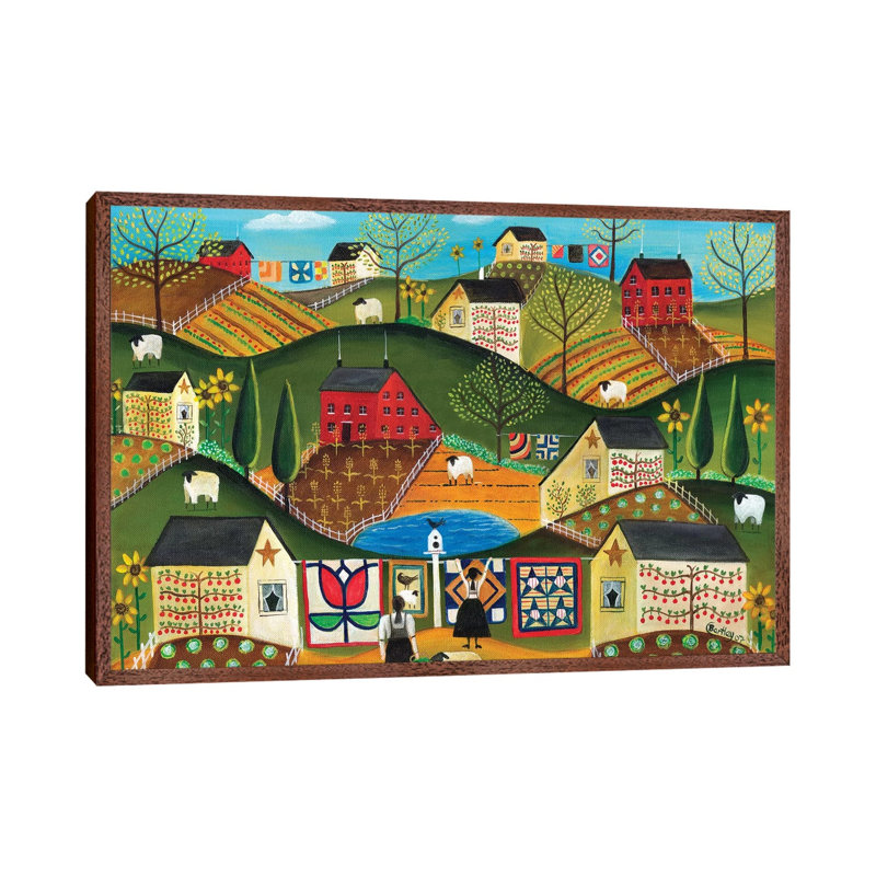 Country Garden Folk Art Quilts by Cheryl Bartley - Painting on Canvas, Classic Brown Wood Framed