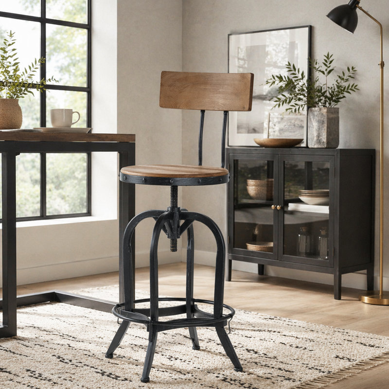 Tabouret de bar réglable pivotant avec structure en bois de sapin rustique et en fer
