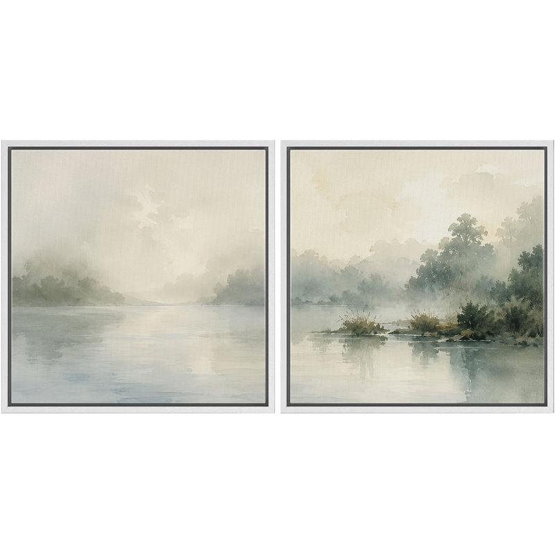 «Misty Lake Landscape with Soft Trees Water Reflections And Serene Green Tone», ensemble de 2 reproductions d'art