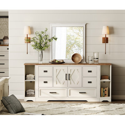 Laziza Modern Farmhouse 73.5" Wide Wood Barn Door Sideboard Buffet Cabinet With 6 Drawers And Open Sideboard Shelf by Gracie Oaks