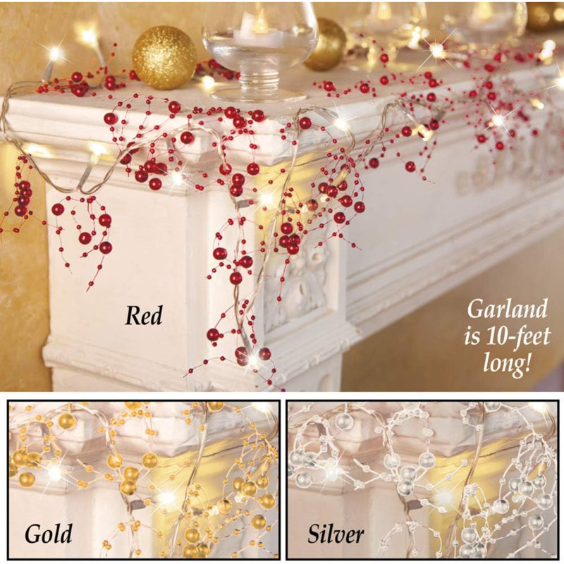 Décorations de Noël d'intérieur, guirlande festive de baies illuminées, 115", Doré