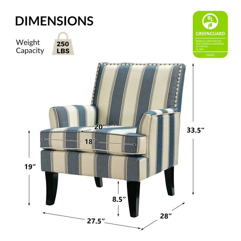 Fauteuil rembourré de 27,15 po de largeur avec garniture cloutée Iliana, Mélange de polyester bleu / beige à rayures