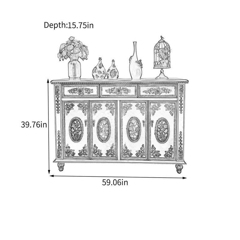 Buffet en chêne avec poignées en bronze antique