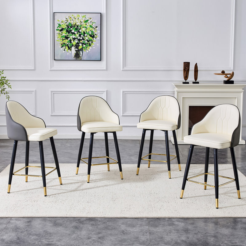 Modern PU Leather Bar Stool With High Back Footrest, 25" Seat Height, Beige/Gray, 4