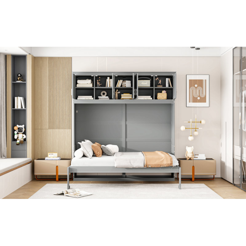 Lit escamotable mural avec armoires supérieures Murphy, Gris, Lit double