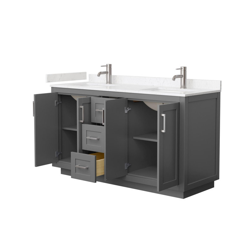 Miranda 60" Freestanding Double Bathroom Vanity with Cultured Marble Top, Dark Gray, Brushed Nickel, Carrara Cultured Marble