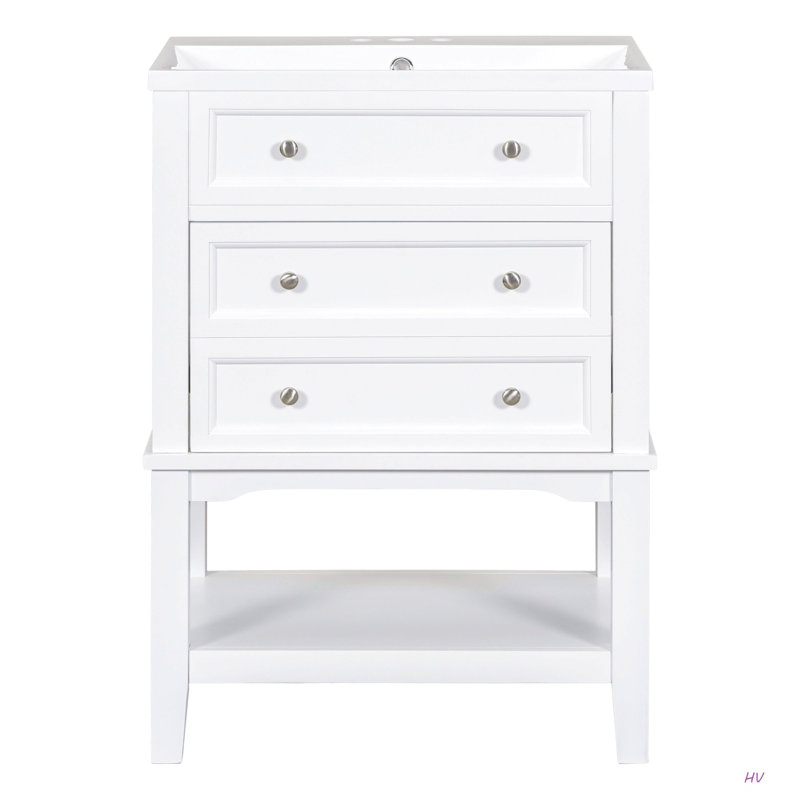 Meuble-lavabo 24 po avec lavabo, armoire de rangement avec tiroir et tablette ouverte, cadre en bois massif