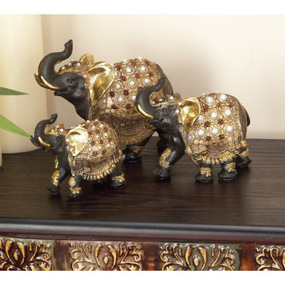Alfhild Polystone Handmade Decorated Elephant Gold Sculpture with Ornate Dresswear and Pearl Accents Set