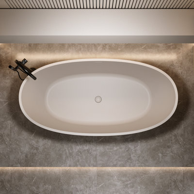 Solid Surface Freestanding Bathtub In 59 Inches, Beige Color, Resin Stone, Rounded Shape, Good Insulation Effect 59'' Soaking Tub Of Material, Non - Permeable Surface, Relaxing Bathing Moment