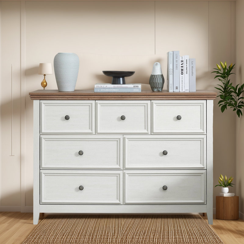 7 Drawer Dresser In Distressed Beige, Vintage American Style