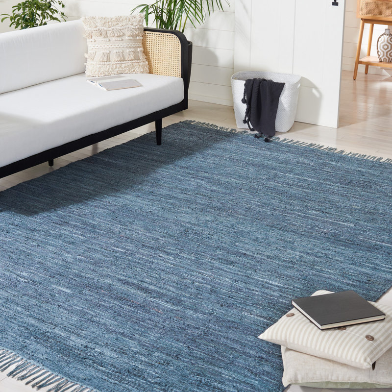 Rosemarie Vintage Leather Flat Weave Recycled Leather/Cotton Solid Color Rug in Gray/Blue, Rectangle 5' x 8'