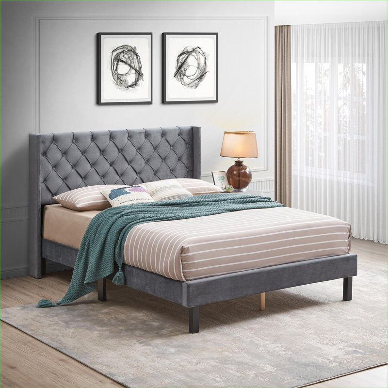 Queen Size Wingback Button Tufted Platform Bed With Solid Wood Slat Support Soft Gray Velvet