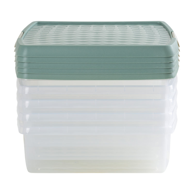 Wham Clip 5x 13.2L Square Plastic Storage Boxes with Secure Clip Lock Lids. L:39.5 x W:39.5 x H:12cm Clear/Green Milieu/Stone