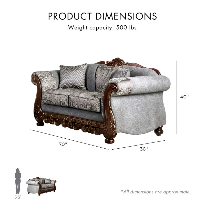 Akyla Chenille Rolled Arm Sofa, Gray, 40" H x 70" W x 36" D