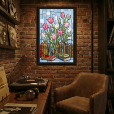 Plantes et fleurs, tulipes, livres, vitrail, art