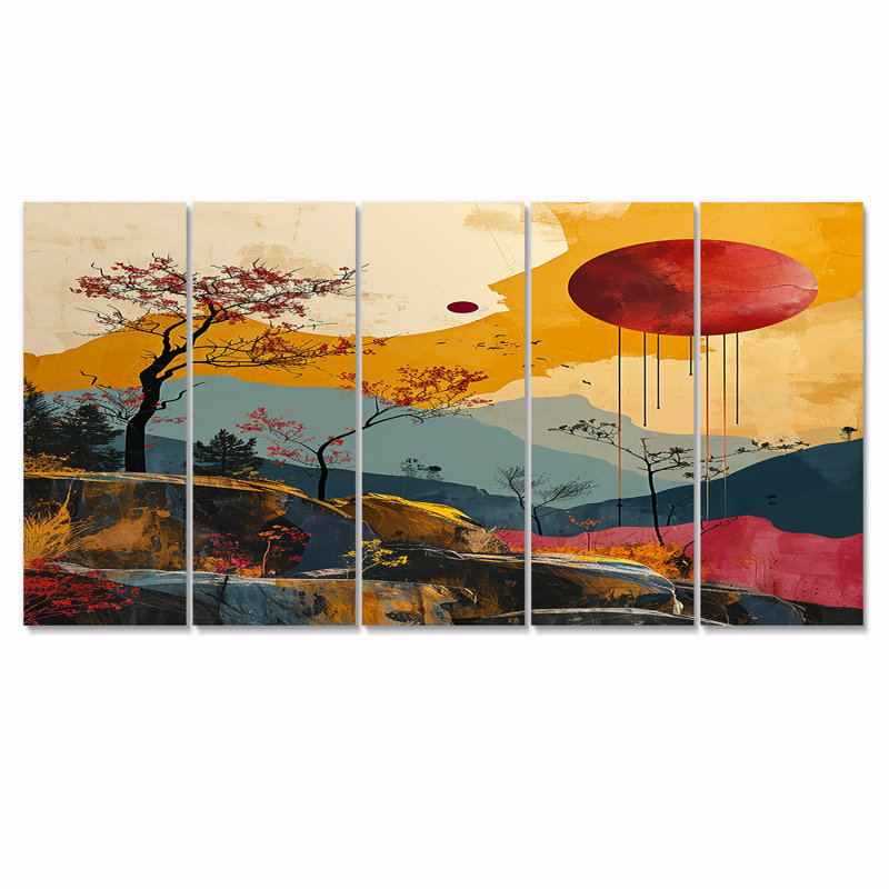 «Red Moon Mountain Retro Collage», art mural abstrait sur toile, 5 pièces, H 28 po x l 60 po
