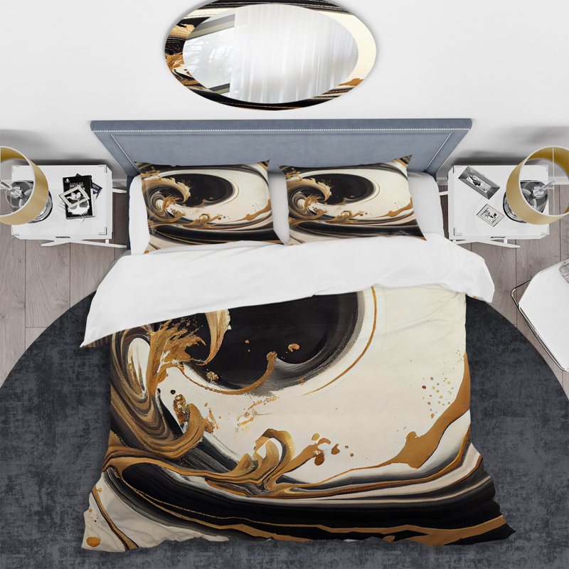 Ensemble de housse de couette en microfibre / polyester noir et doré Swirl V