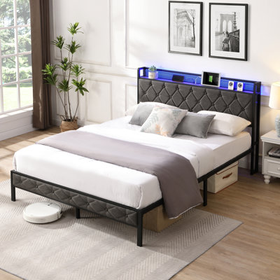 Full Platform Bed With Storage & Led Lights - Gray Upholstered Frame Headboard And Shelf Metal Construction, Gray, No Box Spring, Noise-, Easy Installation
