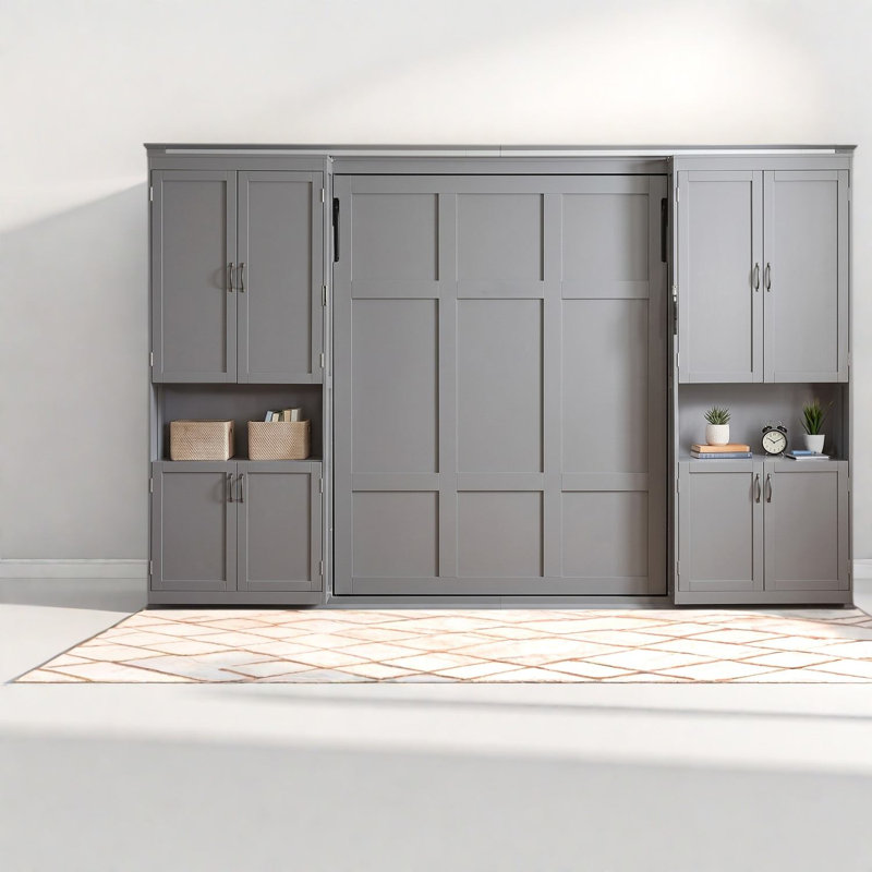 Lit escamotable Queen avec rangement, lit mural moderne en bois MDF gris pour bureau à domicile, Gris