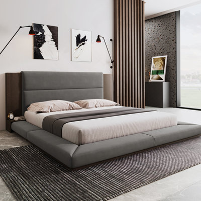 Floor Upholstered Platform Bed with Extended Wood Headboard & Bedside Shelf
