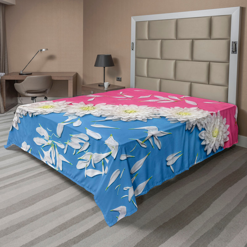 Ambesonne avec dessus plat à motif floral et impression de chrysanthème rose et bleu ciel profond, Drap plat grand