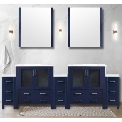 Navy Blue Double Bath Vanity 96 In. In Width, 18.25 Depth, White Ceramic Top, Solid Wood Frame, Soft - Close Drawers, 2 Interior Cabinets For Organized Storage, Stain Countertop, Pre Drilled Single