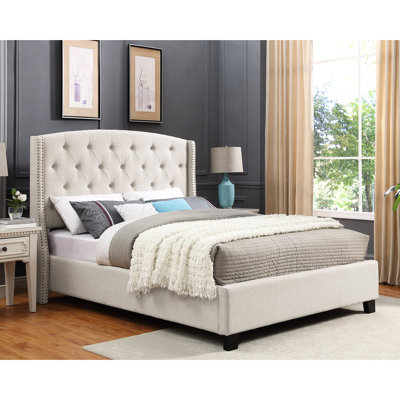 Grand lit rembourré avec capitonnage à boutons, lin beige - luxueuse chambre à coucher luxueuse