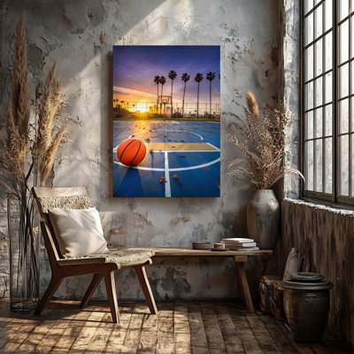 Canvas A Vibrant Sunset Scene At A Basketball Court With A Wall Art Focus On An Orange Basketball Resting On A Textured Blue For Canvas Wall Art