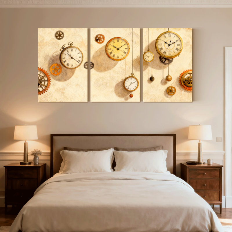 Fashion Vintage Clocks Gears Mécanisme, ensemble de 3 impressions sur toile, H 24 po x l 48 po