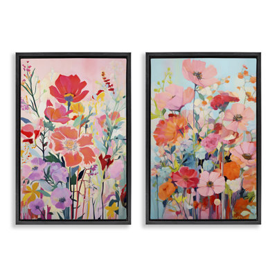 Ensemble de 2 toiles flottantes Bright Contemporary Flowers encadrées par LSR Design Studio