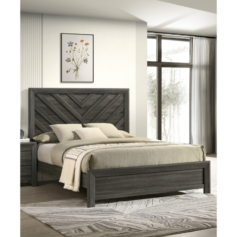 Structure de grand lit avec motif géométrique, finition gris rustique et finition de style contemporain, design pour chambre à coucher