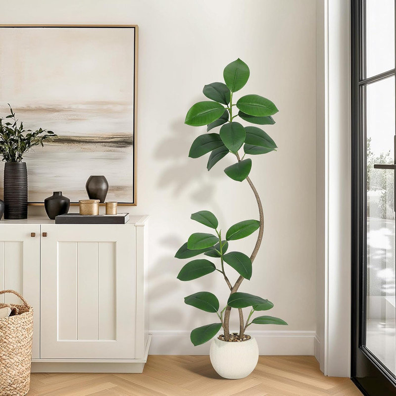Hévéa artificiel 5/6 / 7FT avec pot de fleurs, véritable figuier figuier tactile pour décoration de bureau personnel, Blanc