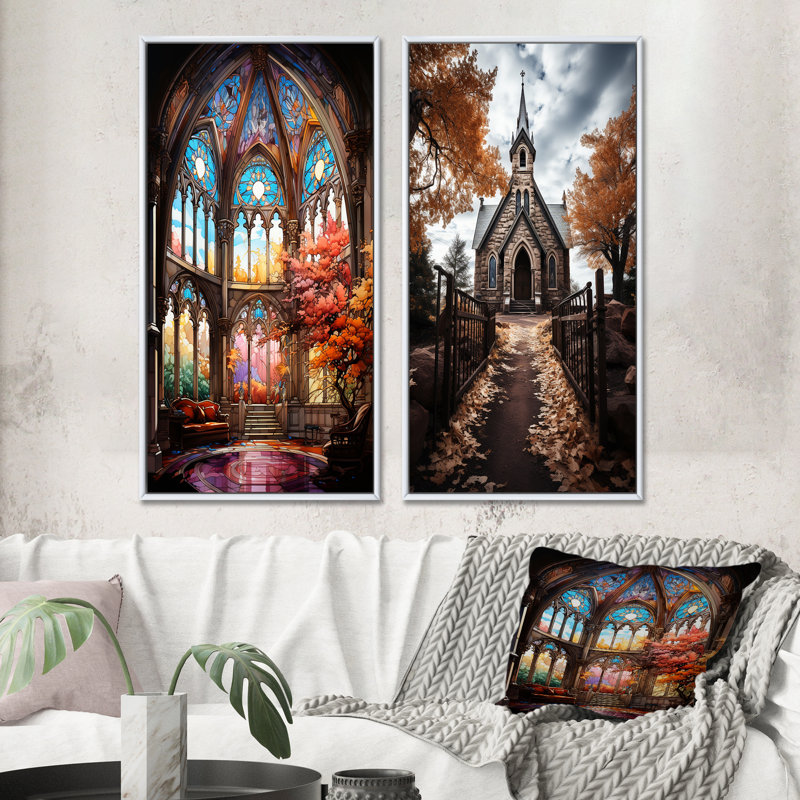 «Vitrail d'église», 2 pièces sur toile, Cadre blanc, H 20 po x l 24 po