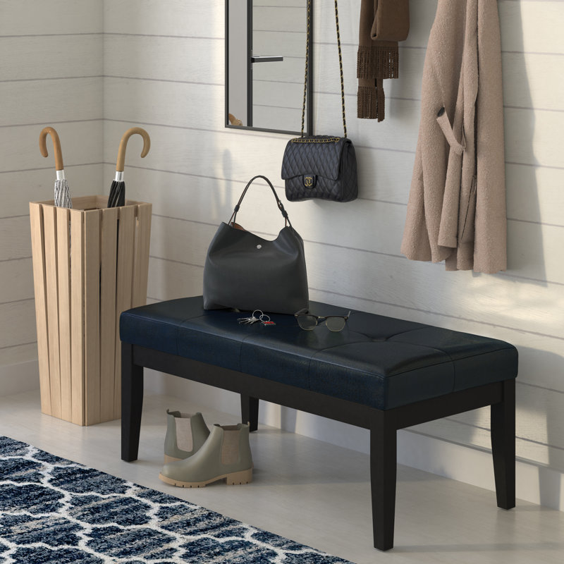 Lacey 41"W Vegan Leather Contemporary Tufted Ottoman Bench with Stitching Detail, Distressed Dark Blue