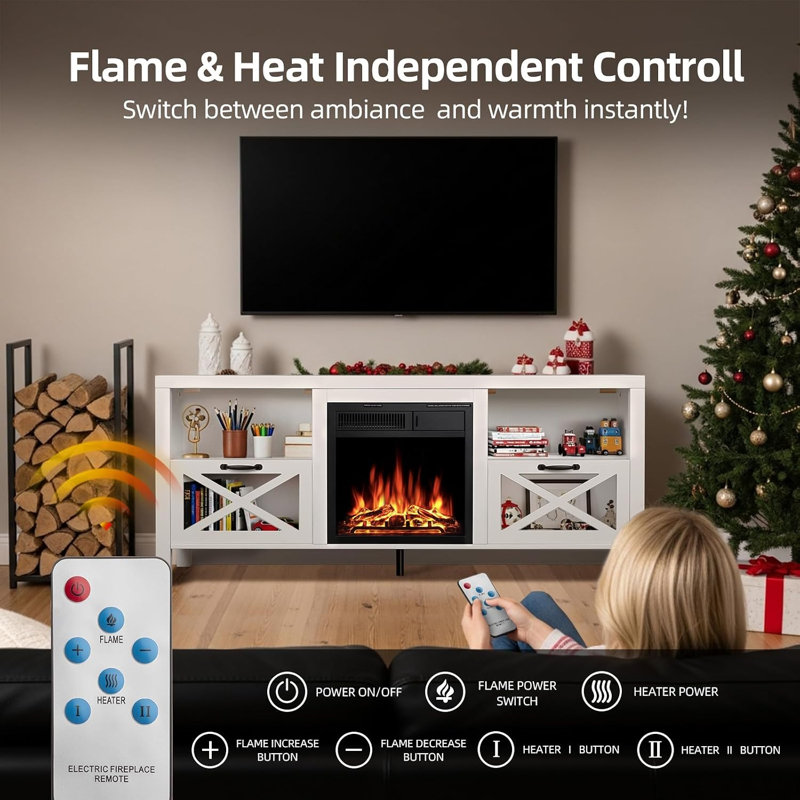 60" Modern TV Stand with 1500W Electric Fireplace & 7-Level Brightness, Media Console for TVs Up to 65"