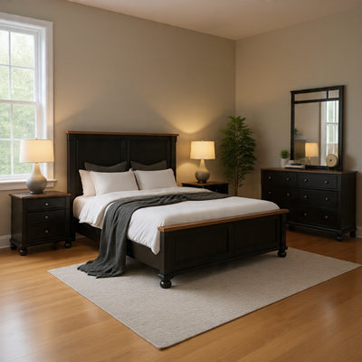 Ensemble de chambre à coucher pour grand lit 5 pièces Ginie, table de chevet USB, chêne brun rustique noir