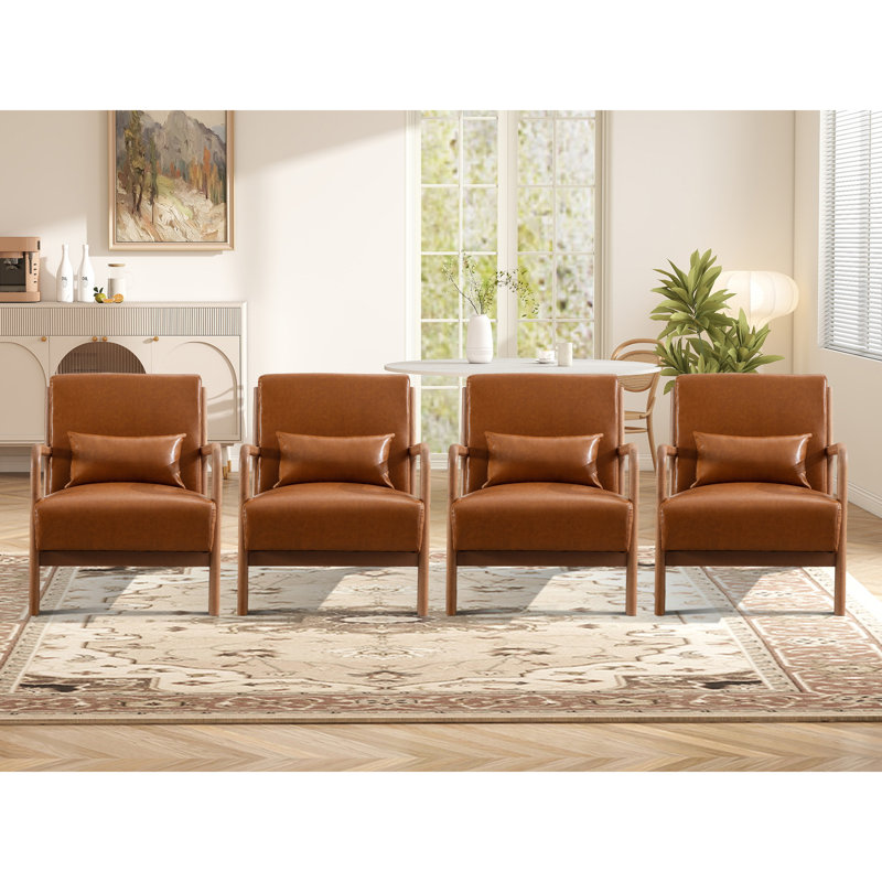 Lyon 25.78" Wide Mid Century Faux Leather Accent Chair with an Extra Pillow(Set of 4), Camel Faux Leather