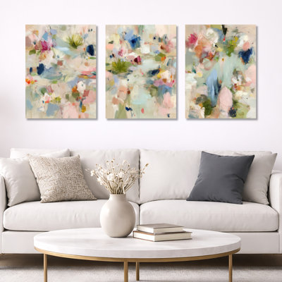 Abstrait minimalisme dans des tons de rose et de vert - Abstrait minimalisme, impression sur toile, ensemble de 3