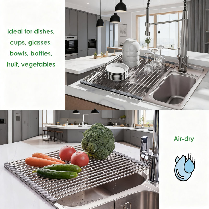 Égouttoir à vaisselle au-dessus de l'évier, égouttoir à vaisselle pliable en acier inoxydable pour comptoir de cuisine compact, organisateur de cuisine polyvalent