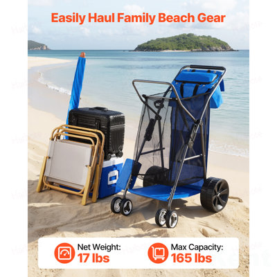 Chariot de plage avec grandes roues pour le sable, capacité de charge de 165 lb, chariot de plage pliant robuste avec roues solides de 10 po, sac isotherme, porte-parapluie, peut accueillir 4 chaises de camping et de pêche