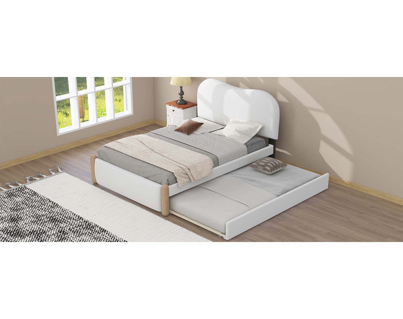 Lit plateforme tapissier avec pieds de support en bois et lit gigogne simple, Lit simple