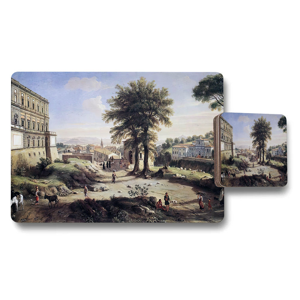 Scenic Landscape Placemat and Coaster Set With Vintage Village Painting