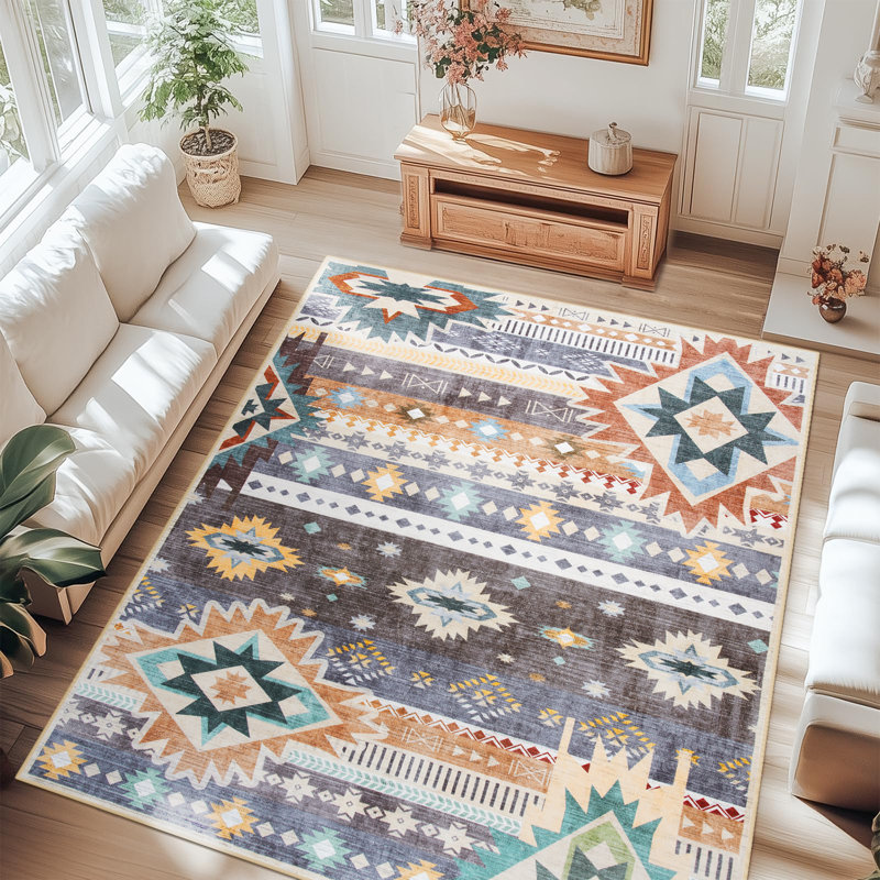 Tapis aztèque à motif marocain lavable à la machine Wymond avec envers antidérapant, Rectangle 4pi x 6 pi