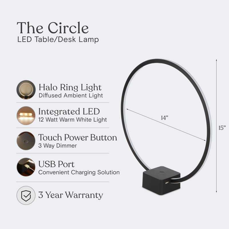 Circle 15 in. Industrial Integrated LED Table Lamp with Built-In 3-Way Dimmer, Black