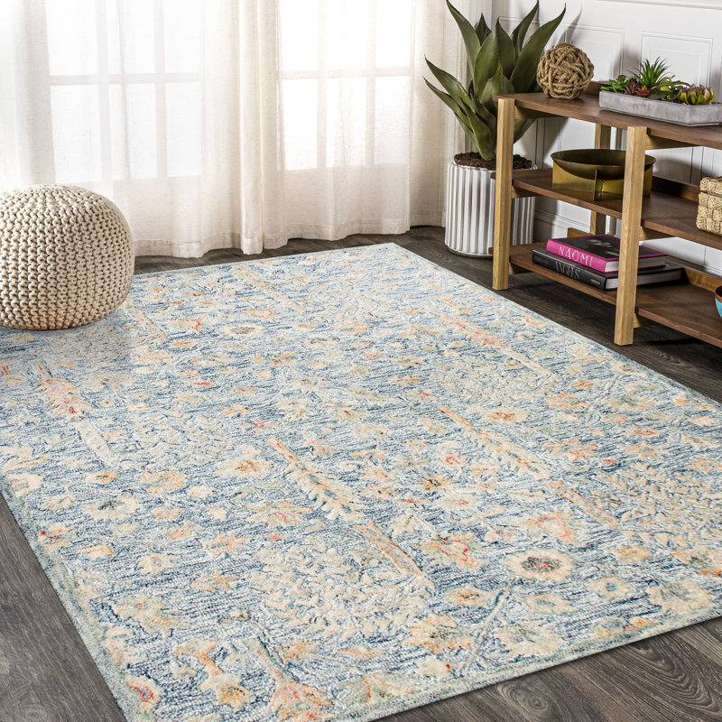 Tapis d'intérieur bleu en laine naturelle faite à la main, Rectangle 9 pi x 12 pi