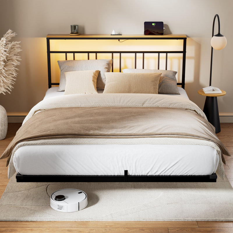 Floating Bed Frame with Storage Headboard,Modern Metal Platform Bed with LED & Charging Station,No Box Spring Needed, Full