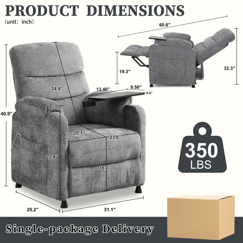 34" Chenille Power Recliner Chair with Side Support Stand, Side Pockets, Stepless Remote Control, Small Space Electric Recliner, 350 lb Capacity